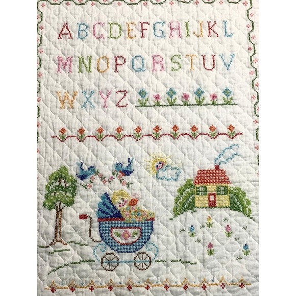 Handmade Other - Vintage Hand Cross Stitch Baby Crib Quilt Alphabet ABC Nursery Sampler 34x57